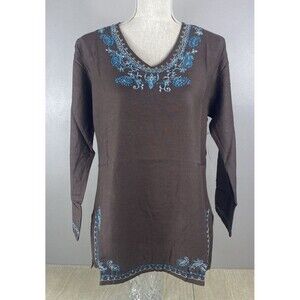 PHOOL Women's Size S Long Sleeve Tunic Blouse Brown w/ Beaded Neckline 5864 NWT